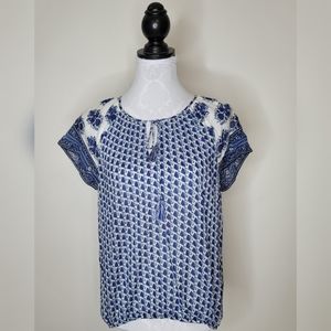 Soft Joie Blue Floral Tassel V-Neck Blouse Size S